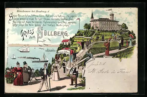 Lithographie Hamburg-Blankenese, Gasthaus Süllberg, Ausflügler