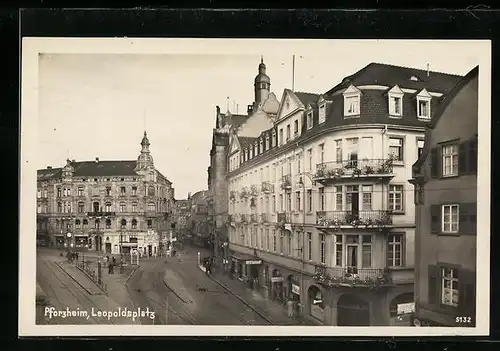 AK Pforzheim, Leopoldsplatz aus der Vogelschau