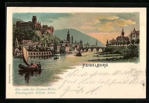 Lithographie Heidelberg, Teilansicht mit Schloss