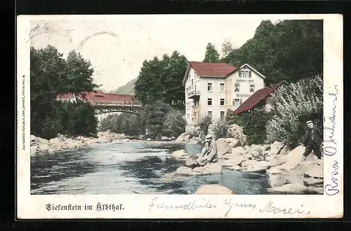 AK Tiefenstein / Albthal, Flusspartie mit Gasthaus Doll
