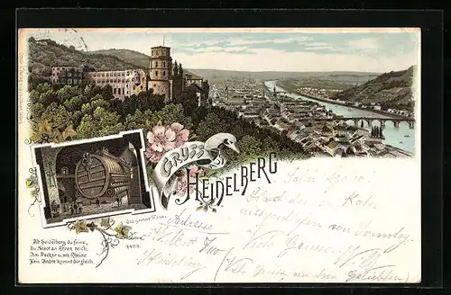 Lithographie Heidelberg, Gesamtansicht mit Schloss, das grosse Fass