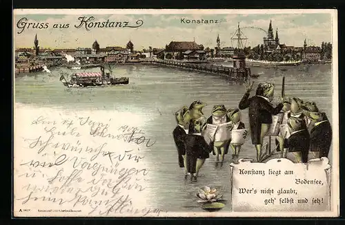 Lithographie Konstanz, Froschchor singt, Dampfer am Hafen