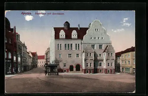 AK Apolda, Stadthaus mit Sparkasse und Geschäften