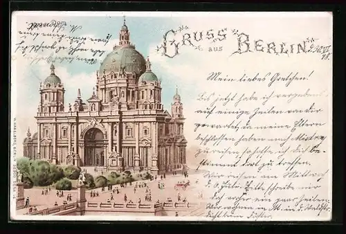 Lithographie Berlin, Dom mit Brücke und Strasse