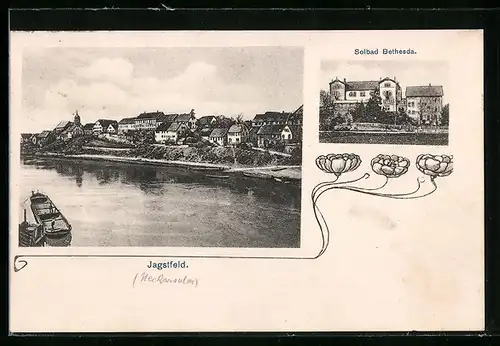 AK Jagstfeld, Solbad Bethesda, Ortsansicht mit Neckar