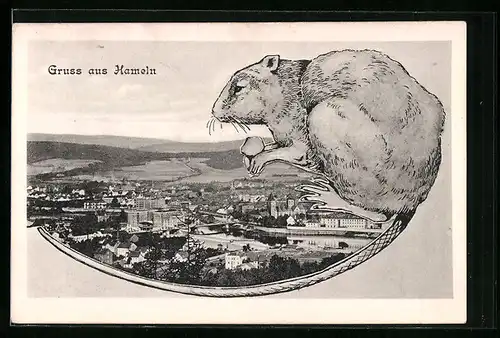 Passepartout-AK Hameln, Ortsansicht mit Ratte