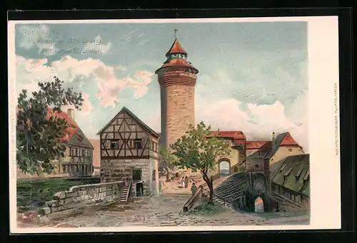 Lithographie Nürnberg, Partie auf der Burg mit tiefen Brunnen