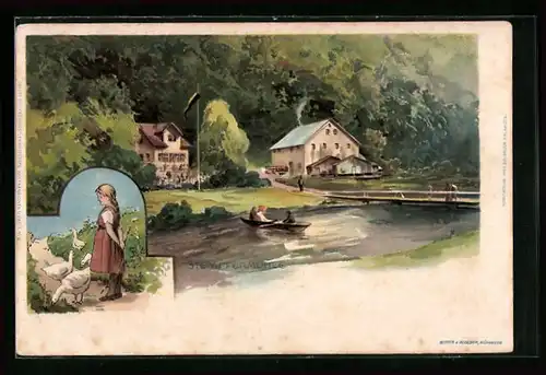 Künstler-AK Gössweinstein, Gasthaus Stempfermühle, Gänsemädchen
