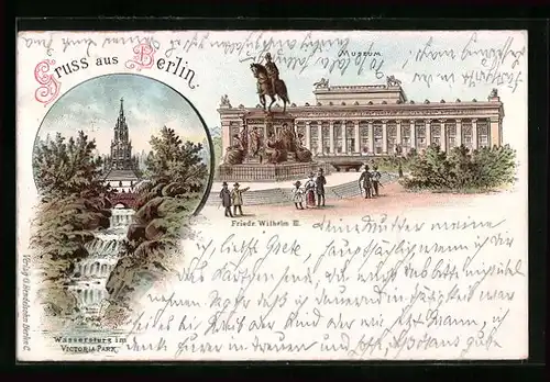 Lithographie Berlin-Kreuzberg, Wassersturz im Victoria-Park, Museum und Denkmal Friedr. Wilhelm III.