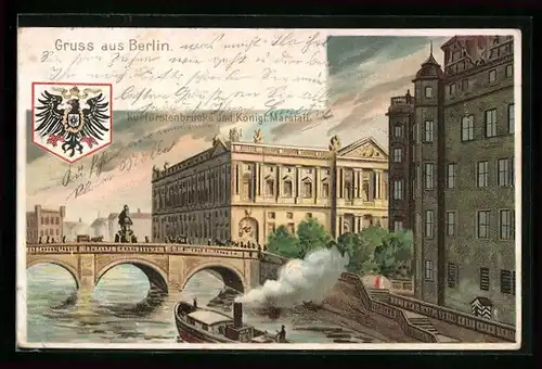 Lithographie Berlin, Kurfürstenbrücke und Marstall, Wappen