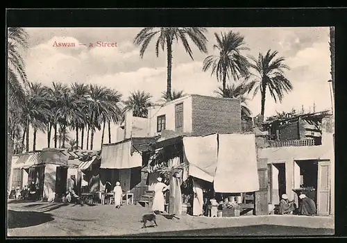 AK Aswan, Strasse mit Läden und Händlern