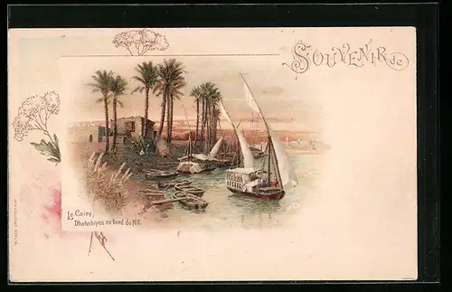 Lithographie Le Caire, Dhahabiyes au bord du Nil