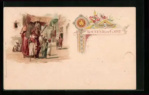 Lithographie Kairo, Gruppe mit Kamel, Strassenszene