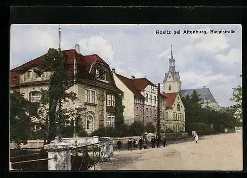 AK Rositz bei Altenburg, Hauptstrasse mit Kirche und Kindergruppe