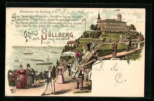 Lithographie Hamburg-Blankenese, Gaststätte Süllberg, mit Besuchern und Aufgang von der Elbe