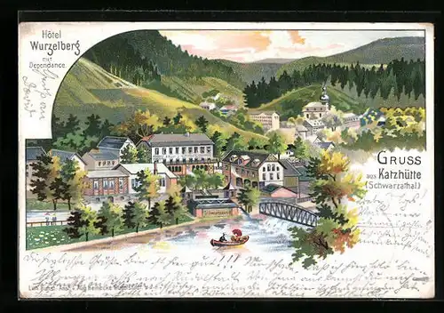 Lithographie Katzhütte im Schwarzathal, Hotel Wurzelberg, Ortspartie aus der Vogelschau