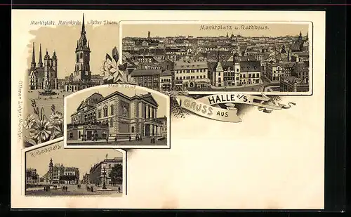 Lithographie Halle a. S., Riebeckplatz, Teilansicht mit Marktplatz und Rathaus, Stadt-Theater