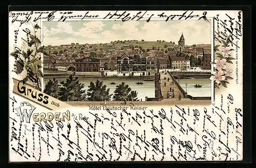 Lithographie Werden /Ruhr, Hotel Deutscher Kaiser mit Brücke und Ortsblick
