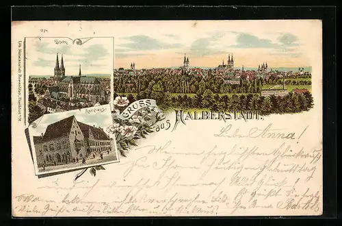 Vorläufer-Lithographie Halberstadt, 1895, Rathaus, Dom, Gesamtansicht mit Umgebung