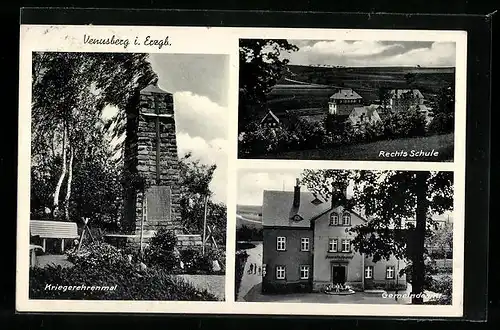 AK Venusberg /Erzgeb., Rechts-Schule, Gemeindeamt und Kriegerdenkmal