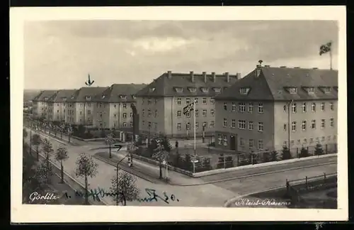 AK Görlitz, Kleist-Kaserne mit Strasse aus der Vogelschau