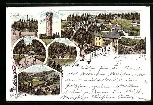 Lithographie Oberhof i. Th., Bahnhof, Schneekopfturm, Obere Schweizerhütte, Denkmal
