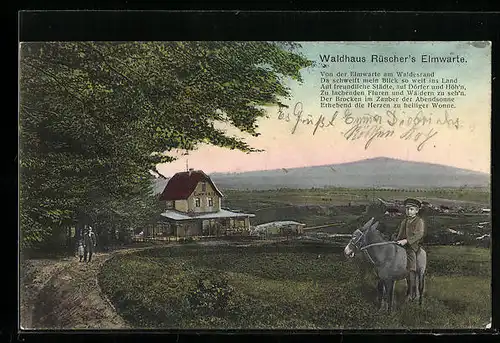 AK Lucklum bei Dettum, Gasthaus Waldhaus Rüschers Elmwarte mit Umgebung, Knabe auf einem Esel
