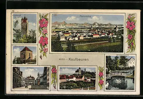 AK Kaufbeuren, Panorama, Fünfknopf-Turm, Hexenturm, Rathaus, an der Stadtmauer, Schwanenteich