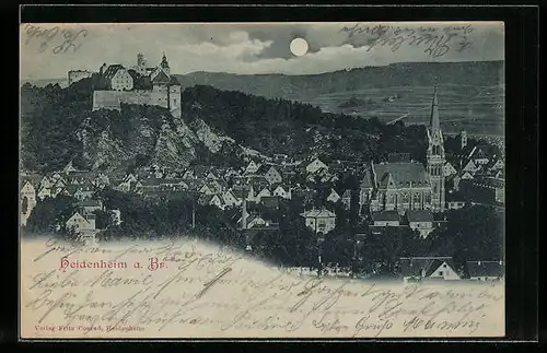 Mondschein-AK Heidenheim a. Br., Totalansicht mit Schloss