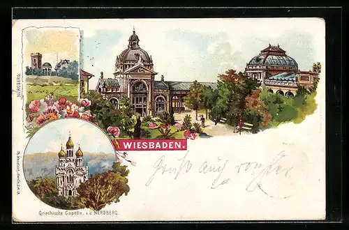Lithographie Wiesbaden, Teilansicht, Neroberg und Griechische Capelle