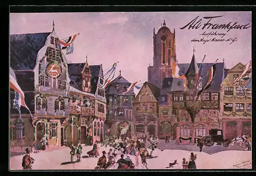 Künstler-AK Alt-Frankfurt a. M., mit Fahnen geschmückte Häuser zum 17. Jubiläums-Schiessen 1912
