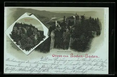 Lithographie Baden-Baden, Das Alte Schloss, Partie auf dem Battert