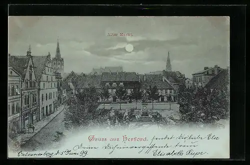Mondschein-AK Herford, Alter Markt aus der Vogelschau