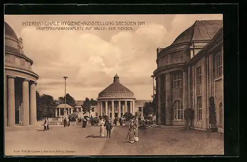 AK Dresden, Internationale Hygiene-Ausstellung 1911, Hauptpromenadenplatz mit Halle Der Mensch