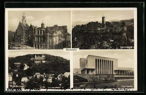 AK Bielefeld, Stadttheater mit Rathaus, Sparenburg, Musikhalle, Schützenhaus