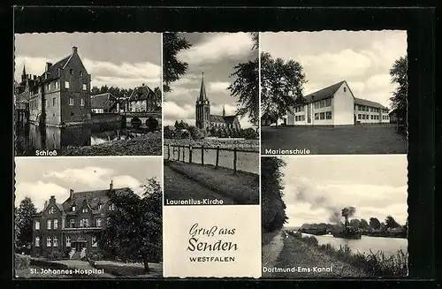 AK Senden /Westfalen, Schloss, Laurentius-Kirche, Marienschule, St. Johannes-Hospital, Dortmund-Ems-Kanal