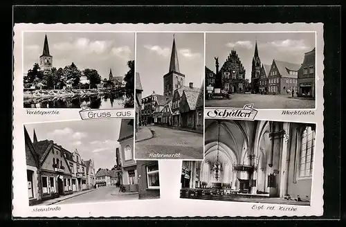 AK Schüttorf, Vechtepartie, Steinstrasse, Hafermarkt, Marktplatz, Inneres der ev. ref. Kirche
