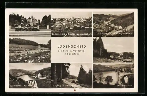 AK Lüdenscheid (Sauerland), Ortsansicht v. Stadtberg aus gesehen, Strandbad, Schloss Neuenhof, Versetalsperre