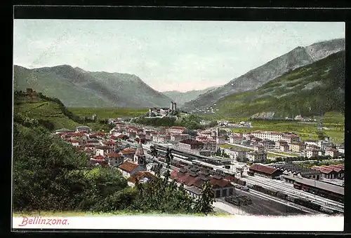 AK Bellinzona, Totalansicht mit Bahnhof aus der Vogelschau