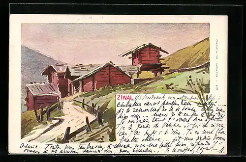Künstler-AK Zinal, Gebäude am Berg