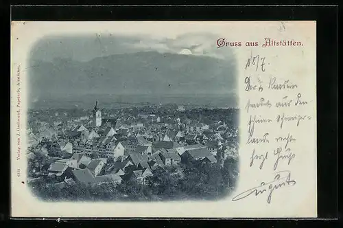 Mondschein-AK Altstätten, Gesamtansicht von einem Berg aus gesehen