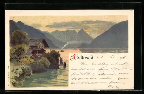 Lithographie Iseltwald, Partie am Brienzersee mit Gebirgspanorama