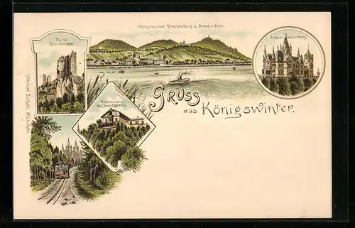 Lithographie Königswinter, Schloss Drachenburg, Ortsansicht, Ruine Drachenfels, Restauration a. d. Drachenfels