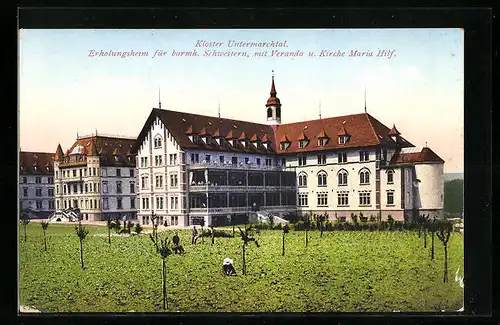 AK Untermarchtal a. D., KlosterErholungshaus für barm. Schwestern mit Veranda und Kirche Maria Hilf