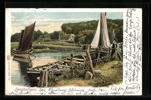 AK Langballigau, Segelboote mit Ortsblick