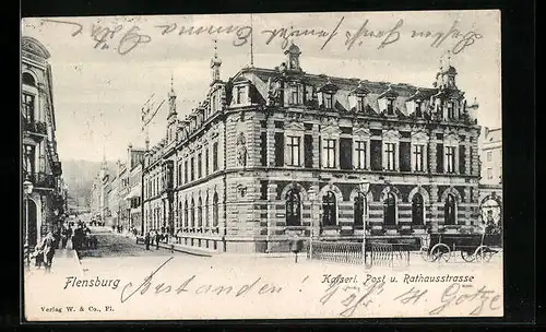 AK Flensburg, Kaiserl. Post und Rathausstrasse