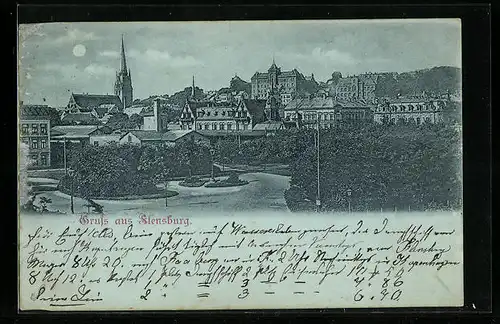 Mondschein-AK Flensburg, Ortsansicht mit Kirche