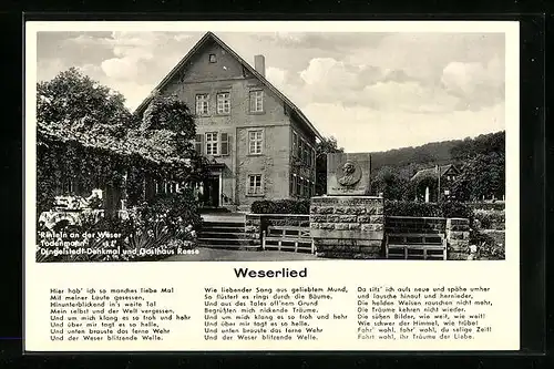 AK Rinteln a. d. Weser, Todenmahn, Dingelstedt-Denkmal und Gasthaus Reese, Weserlied