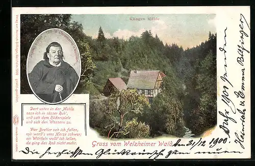 AK Welzheim, Klingen Mühle im Welzheimer Wald, Porträt von Juslinus Kerner