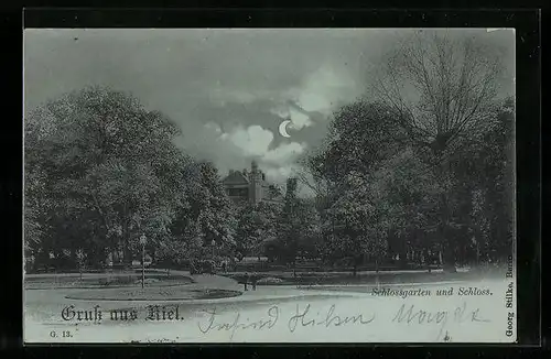 Mondschein-AK Kiel, Schlossgarten und Schloss